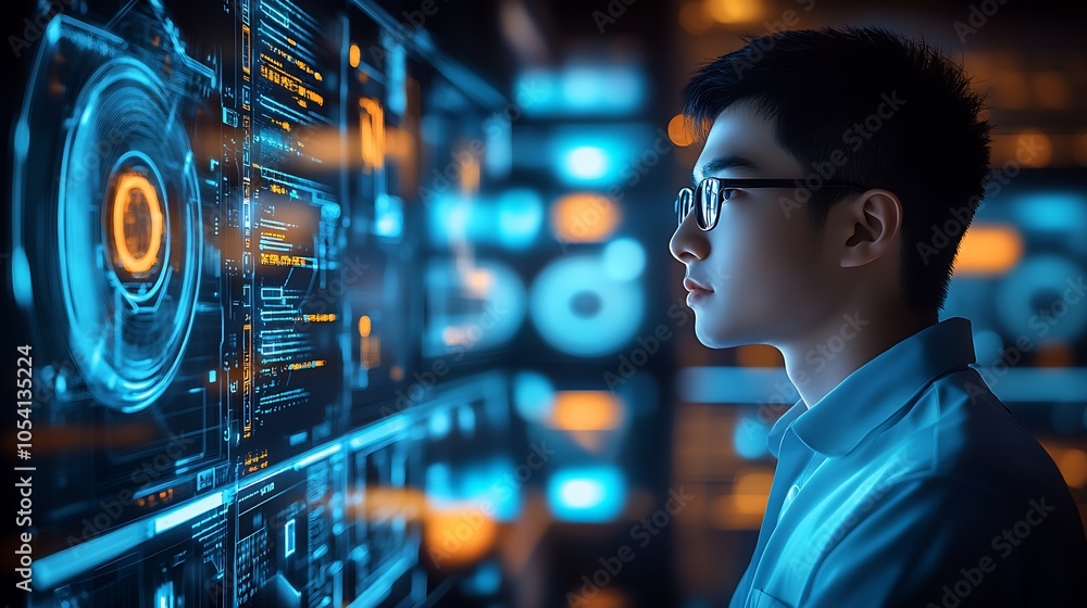 Poster Focused Technology Expert Engaging with Advanced Digital Interface Systems : Generative AI