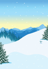 Fototapeta premium Winter landscape with mountains, snowfall and fir trees. Flat vector illustration background.