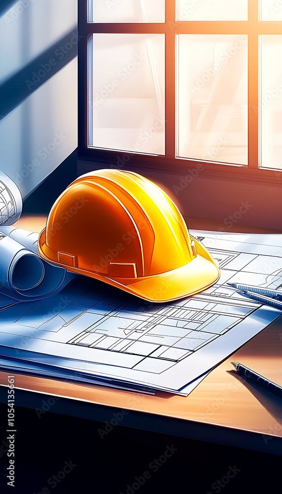 Aufkleber architectural workspace with hard hat and blueprints illuminated by natural light : generative ai
