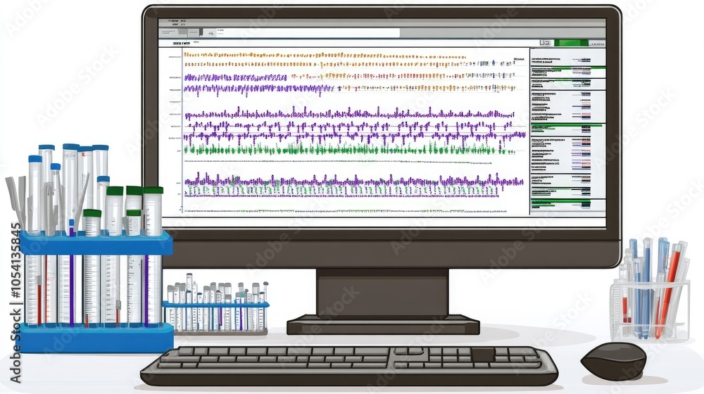 Poster illustrated gene sequence on a computer screen with a lab in the background, showcasing digital biot