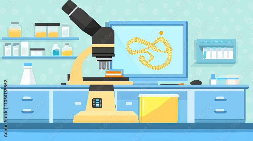 Aufkleber illustrated gene sequence on a computer screen with a lab in the background, showcasing digital biot