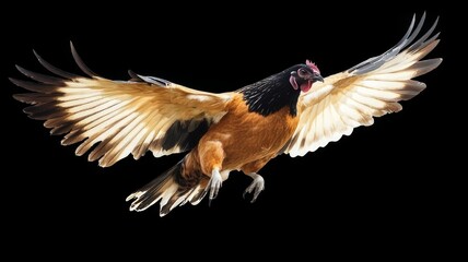 Fototapeta premium A brown and black chicken with white feathers on its wings is in mid-flight against a black background.