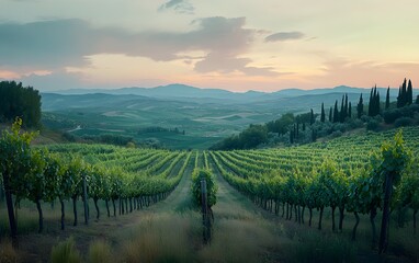 Obraz premium Vineyard rows at sunset with mountains in the distance