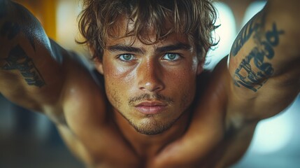 Young Hispanic man performs intense crossfit exercises in a gym during morning training session