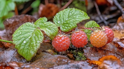 Juicy red raspberries with dew drops, arranged on a leaf-covered wooden background.