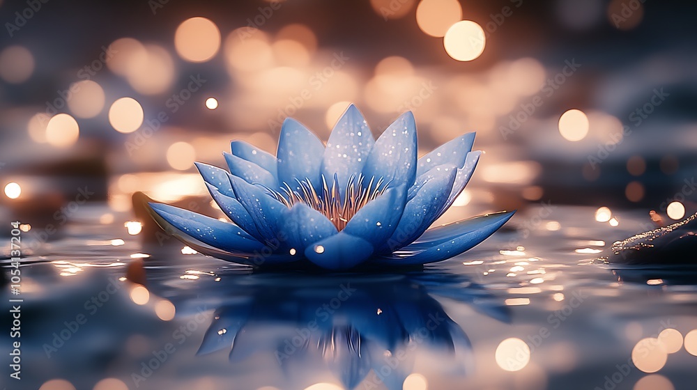 Aufkleber serene blue lotus flower floating on water with bokeh light background : generative ai