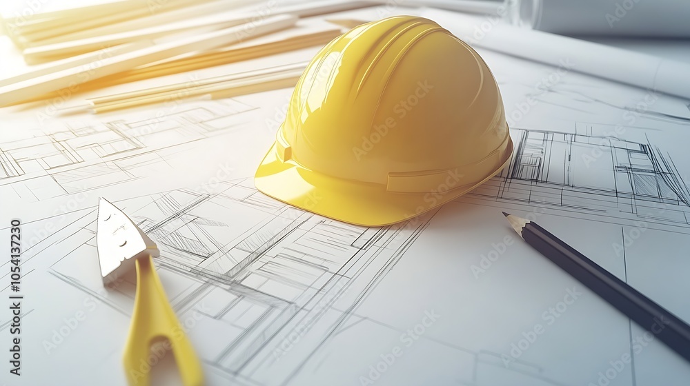 Poster Construction Helmet on Architectural Blueprints With Professional Drafting Tools for Building Design : Generative AI