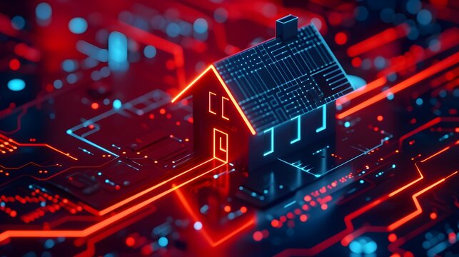 A computer generated image of a neighborhood with houses lit up in orange. The houses are arranged in a grid pattern, with some houses closer together and others further apart