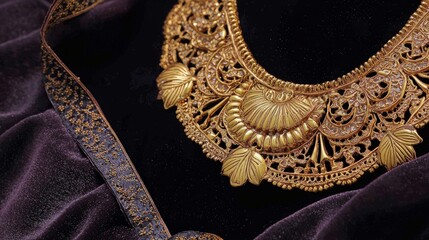 A close-up of a gold necklace with intricate designs on a black velvet background.