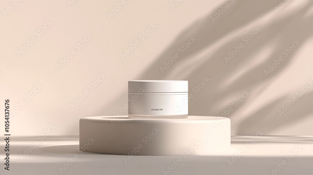Leinwandbilder a white jar of cream is placed on a white cylindrical platform. the background is a white wall with 