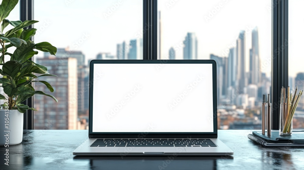 Poster A laptop computer with a blank screen sits on a desk in front of a large window, looking out onto a city skyline. A potted plant is on the left of the desk, and a notebook and pens are on the right.