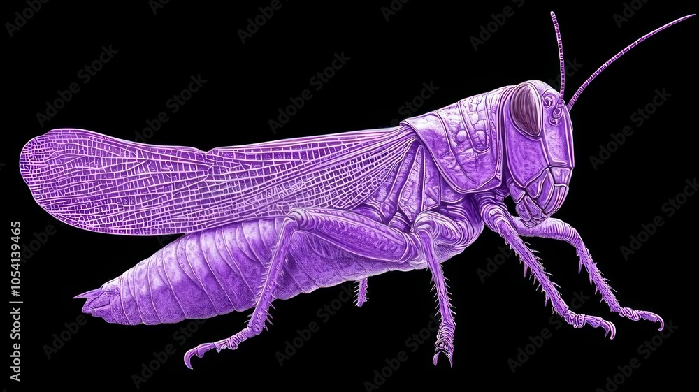 Wall mural a purple grasshopper isolated on a black background, with detailed texture and highlights.