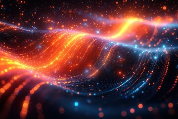 Obraz premium Abstract glowing wave of particles with orange and blue light.