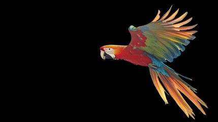 Obraz premium A scarlet macaw in flight with its wings spread wide against a black background.