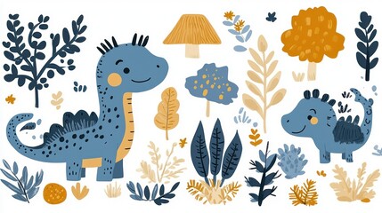 Naklejka premium Two Blue Dinosaurs in a Cartoon Forest with Yellow Trees and Mushrooms