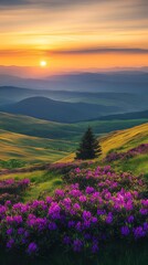 Fototapeta premium Stunning Sunrise Over Lush Green Hills with Vibrant Pink Blooms : Generative AI