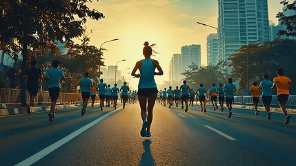 Obraz premium Wide View of Marathon Runners on City Street at Dawn Demonstrating Perseverance and Passion : Generative AI