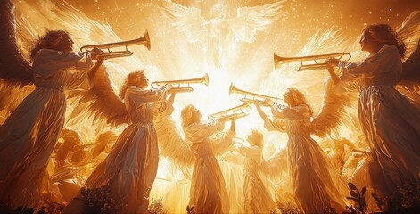 Angelic trumpeters in golden celestial light
