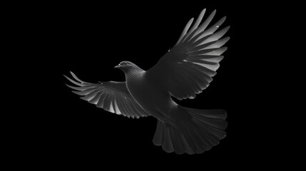 Fototapeta premium A single dove in flight against a black background. The dove is in silhouette, with its wings spread wide.