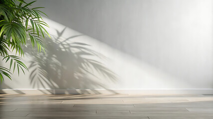 Elegant minimalistic background featuring blurred foliage shadows cast on a white wall with a smooth floor. Ideal for presentations and product displays, creating a clean and natural aesthetic.
