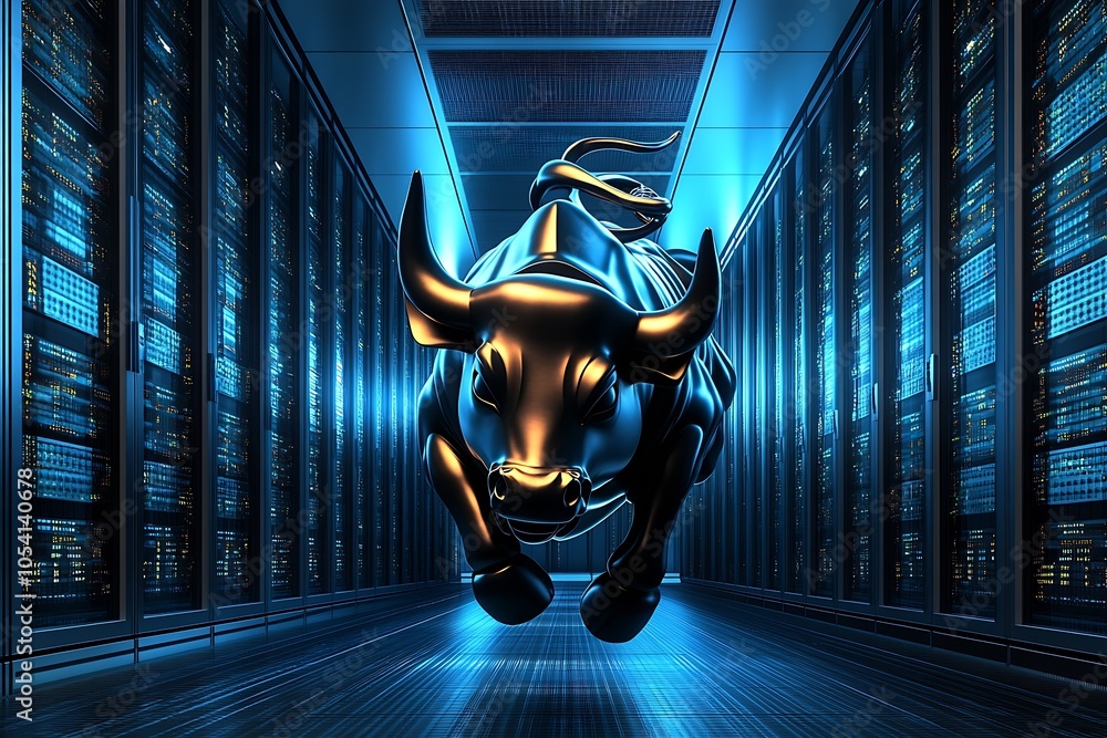 Aufkleber vibrant bull sculpture in tech server room representing strength and prosperity of digital age econo