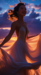 Fototapeta premium Elegant model twirling in a flowing gown against a vibrant sunset, perfect for wall art, posters, and romantic design themes.