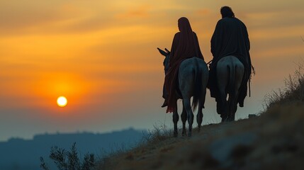 Couple Riding Donkeys at Sunset on Journey