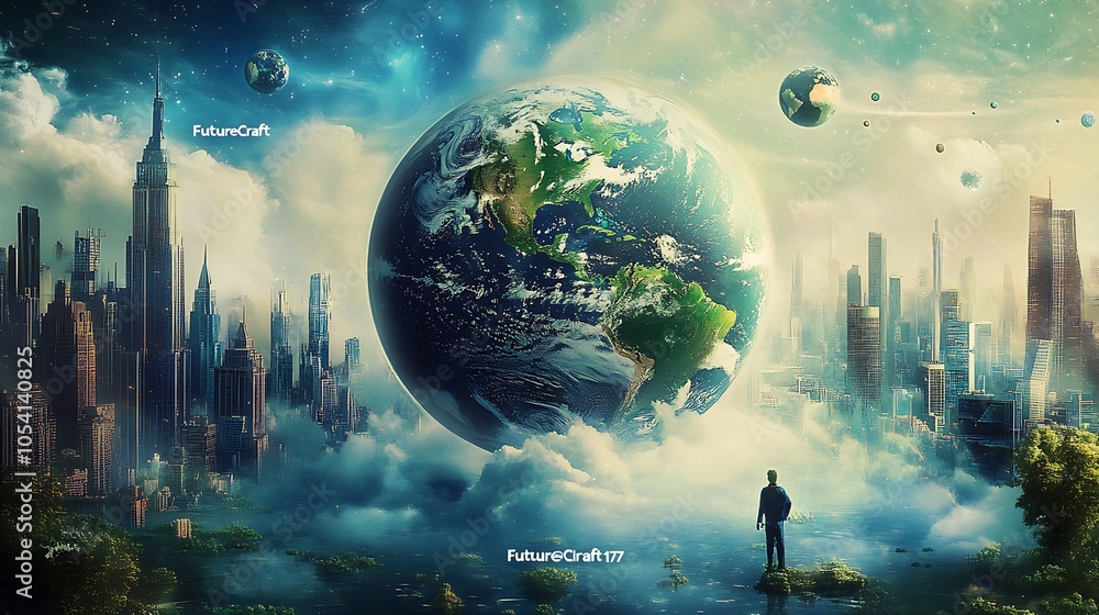 Aufkleber man facing a surreal futuristic cityscape with earth floating among planets : generative ai