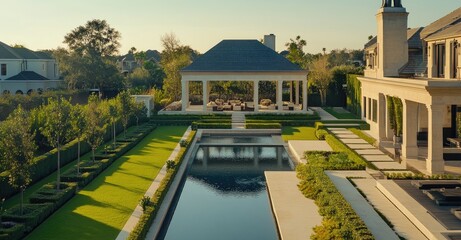 Obraz premium a large luxury home in Texas, with a pool and gazebo, taken from the air at eye level looking down on it, with other homes nearby