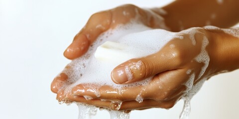 Fototapeta premium Close-up of a person washing hands with soap, emphasizing hygiene and health awareness