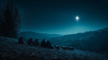 Shepherds with sheep under bright star at night