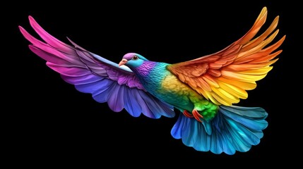 Obraz premium A vibrant, colorful pigeon in flight with outstretched wings against a black background.