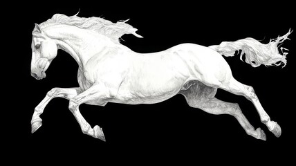 Obraz premium A white horse running in a side profile with a black background.
