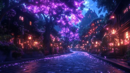 Enchanted Nighttime Street with Glowing Trees and Houses