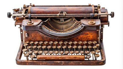 Vintage rusted typewriter reflecting on white background