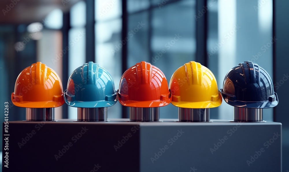 Poster five hard hats in different colors are lined up on a table.