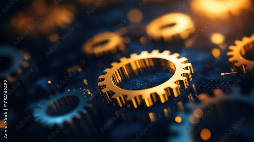 Aufkleber A close-up view of metallic gears illuminated softly, showcasing intricate details and textures in a dynamic, industrial setting.