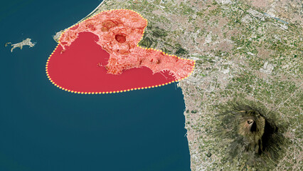 Satellite view of Phlegraean Fields is a large caldera volcano west of Naples, Italy. It is part of...