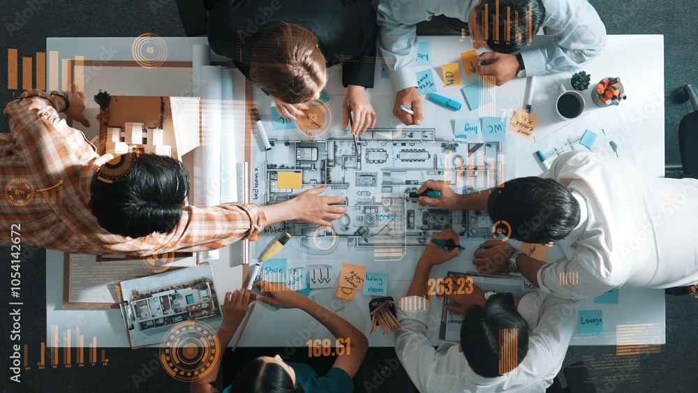 Aufkleber top view of professional civil architect engineer team write sticky notes and sticking note at house