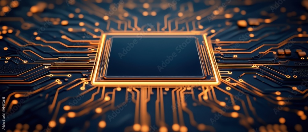 Aufkleber A close-up view of a microchip, showcasing intricate circuit patterns and vibrant connections that illuminate its advanced technology.