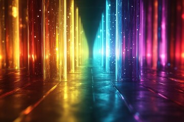 Abstract neon glowing tunnel with rainbow colors.