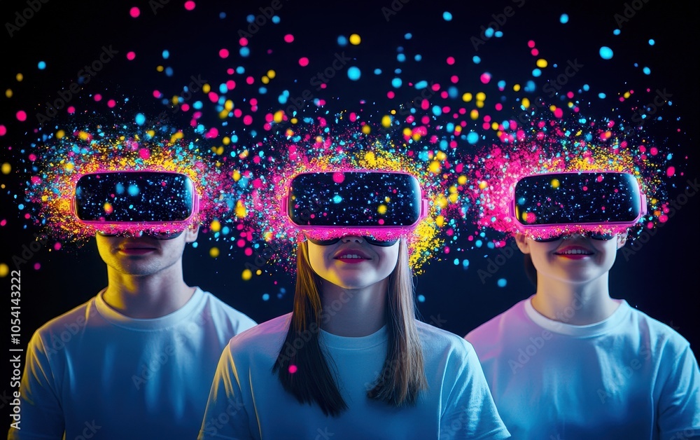 Poster three individuals wearing colorful virtual reality headsets are surrounded by vibrant particles, hig