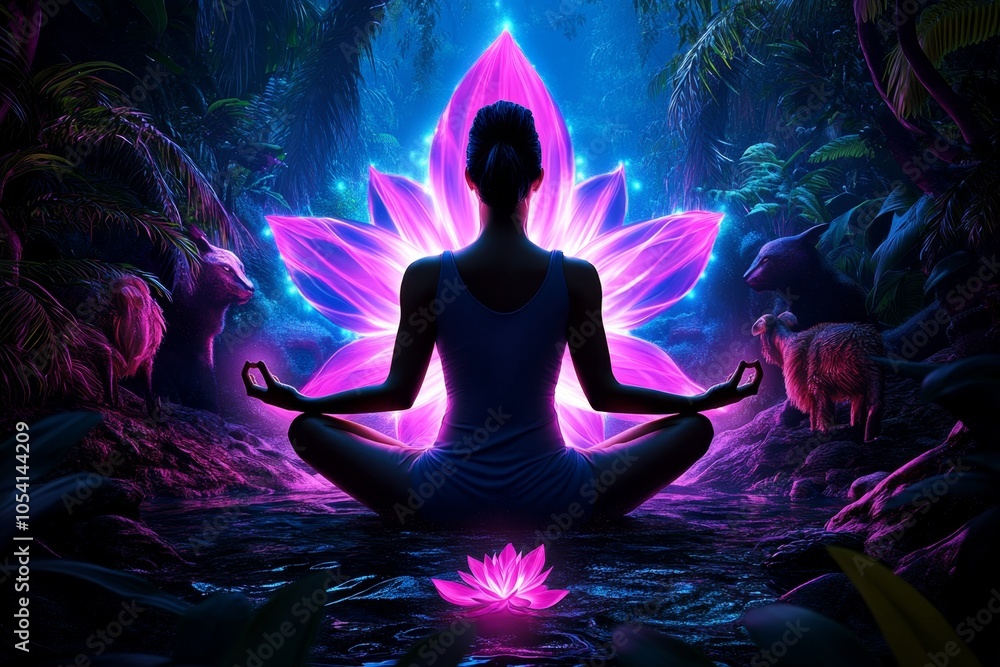 Poster 3d digital illustration of a person meditating in a lush forest with vibrant colors, surrounded by a