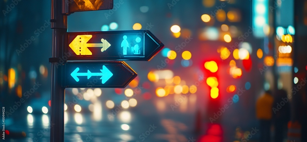 Aufkleber illuminated street sign with arrows and symbols pointing in different directions against a blurred c