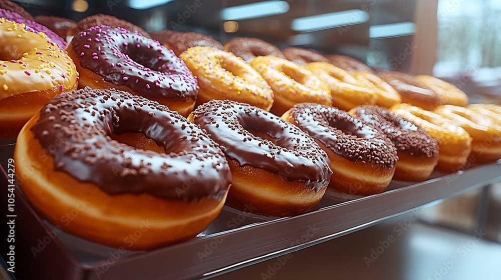 Poster chocolate and vanilla glazed donuts in bakery row with reflections : generative ai