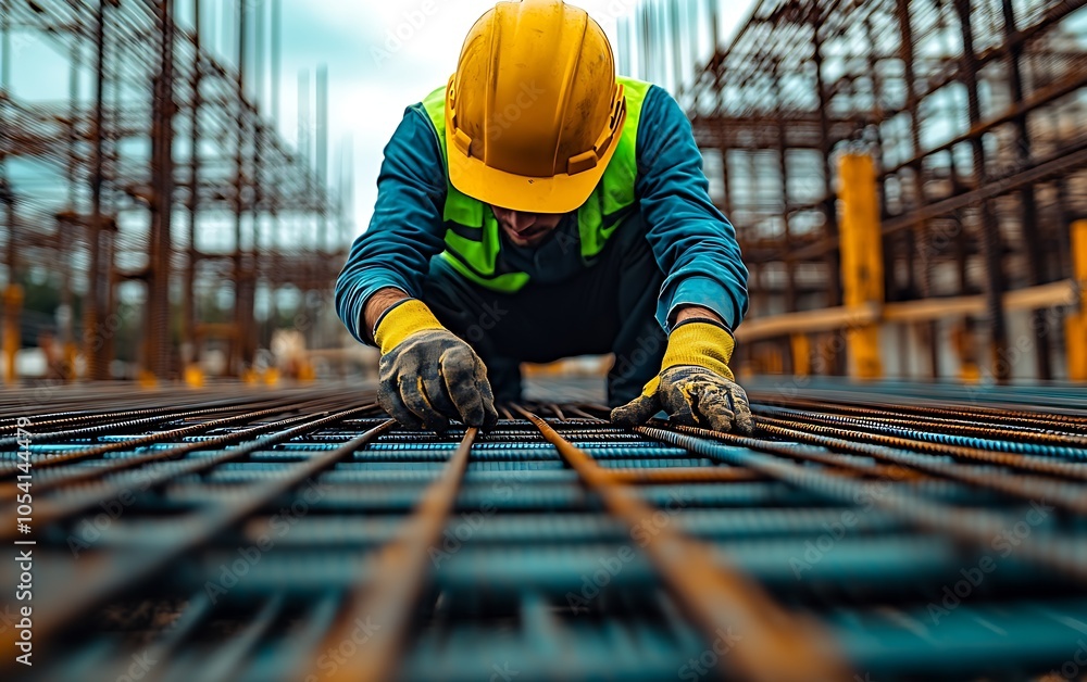 Poster Meticulous Rebar Installation by Worker Ensuring Structural Integrity on Construction Site : Generative AI