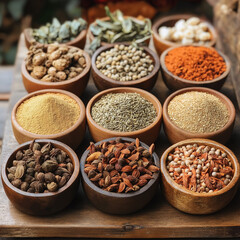Fototapeta premium Illustration of exquisite spices, herbs, and seasonings. The overall style is minimalist and fresh, with soft natural lighting and a modern design—an illustration of healthy and unusual food.