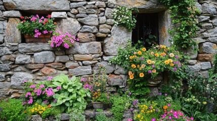 Fototapeta premium Stone Wall with Colorful Flowers