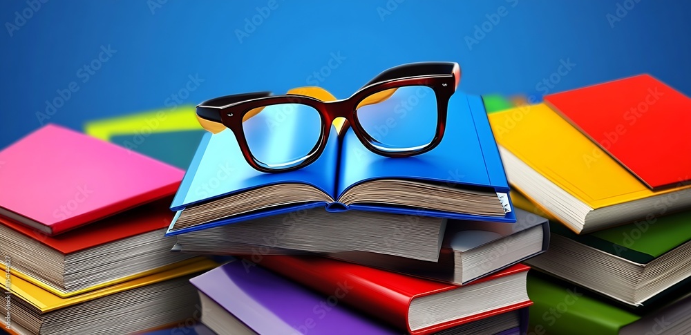 Poster artistic composition of books and glasses for a study of reading and knowledge : generative ai
