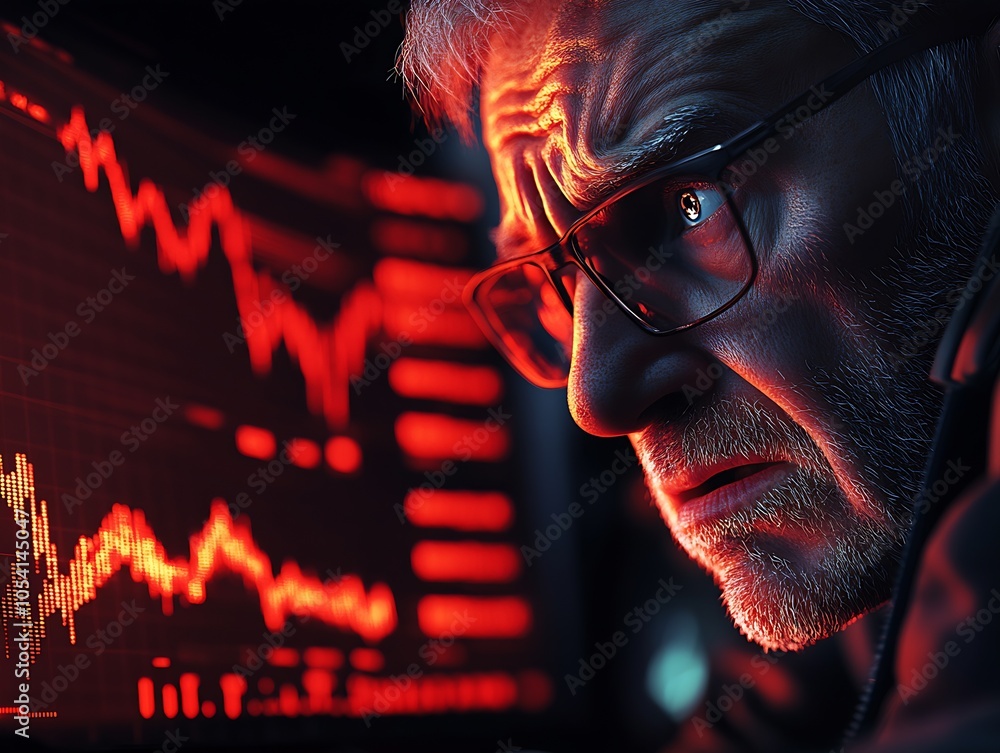 Aufkleber elderly man analyzing fluctuating stock market charts on screen with intense expression : generative